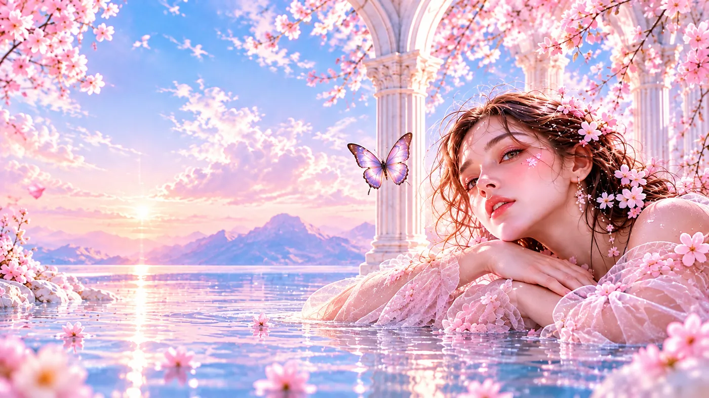 دختری در آب با شکوفه‌های صورتی؛ سرن، یک رویای کوچک از زیبایی